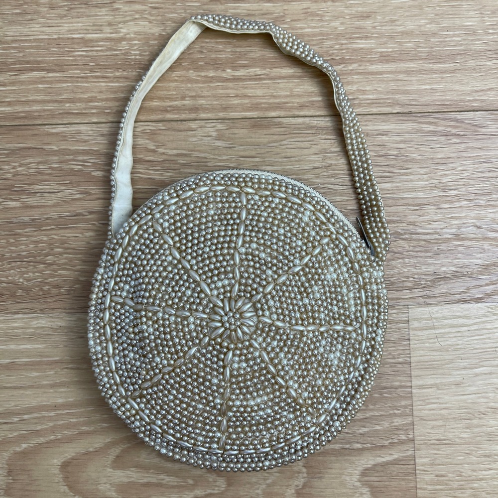 Vintage Cream Faux Pearl Beaded Round Evening Bag Made in Japan Circle Purse